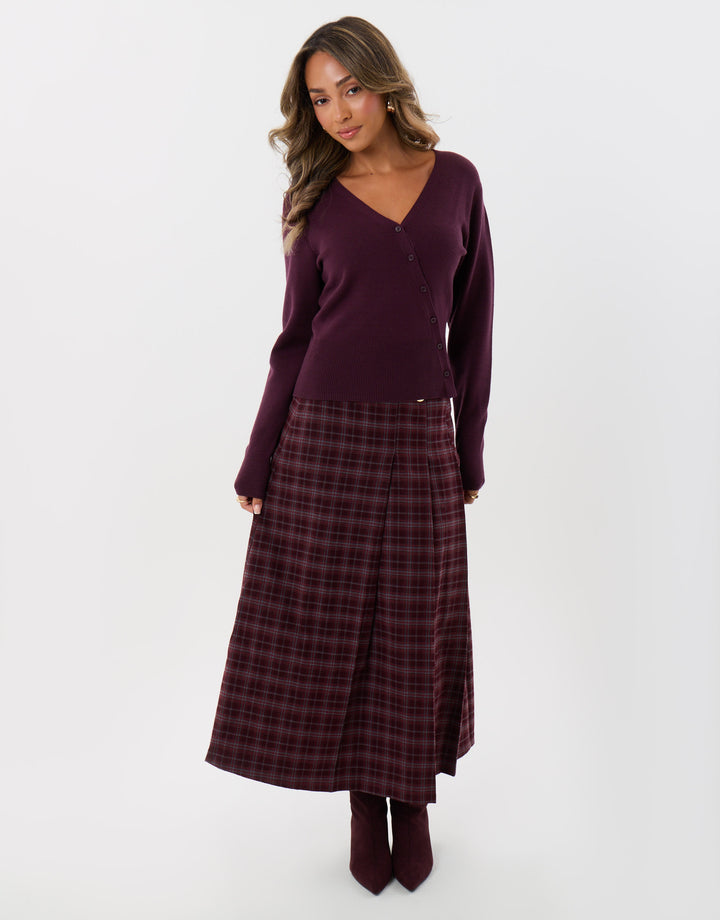 Threadbare Midaxi Buckle Wrap Skirt in Plum Check - full body