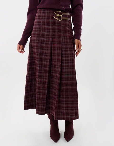 Threadbare Midaxi Buckle Wrap Skirt in Plum Check - front view