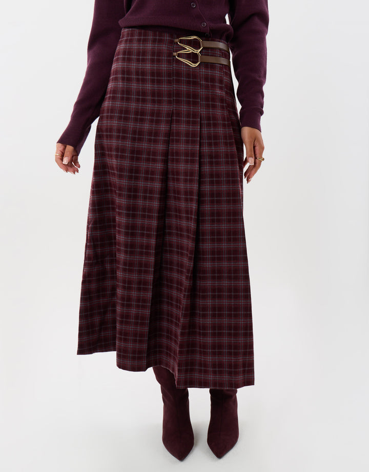 Threadbare Midaxi Buckle Wrap Skirt in Plum Check - front view