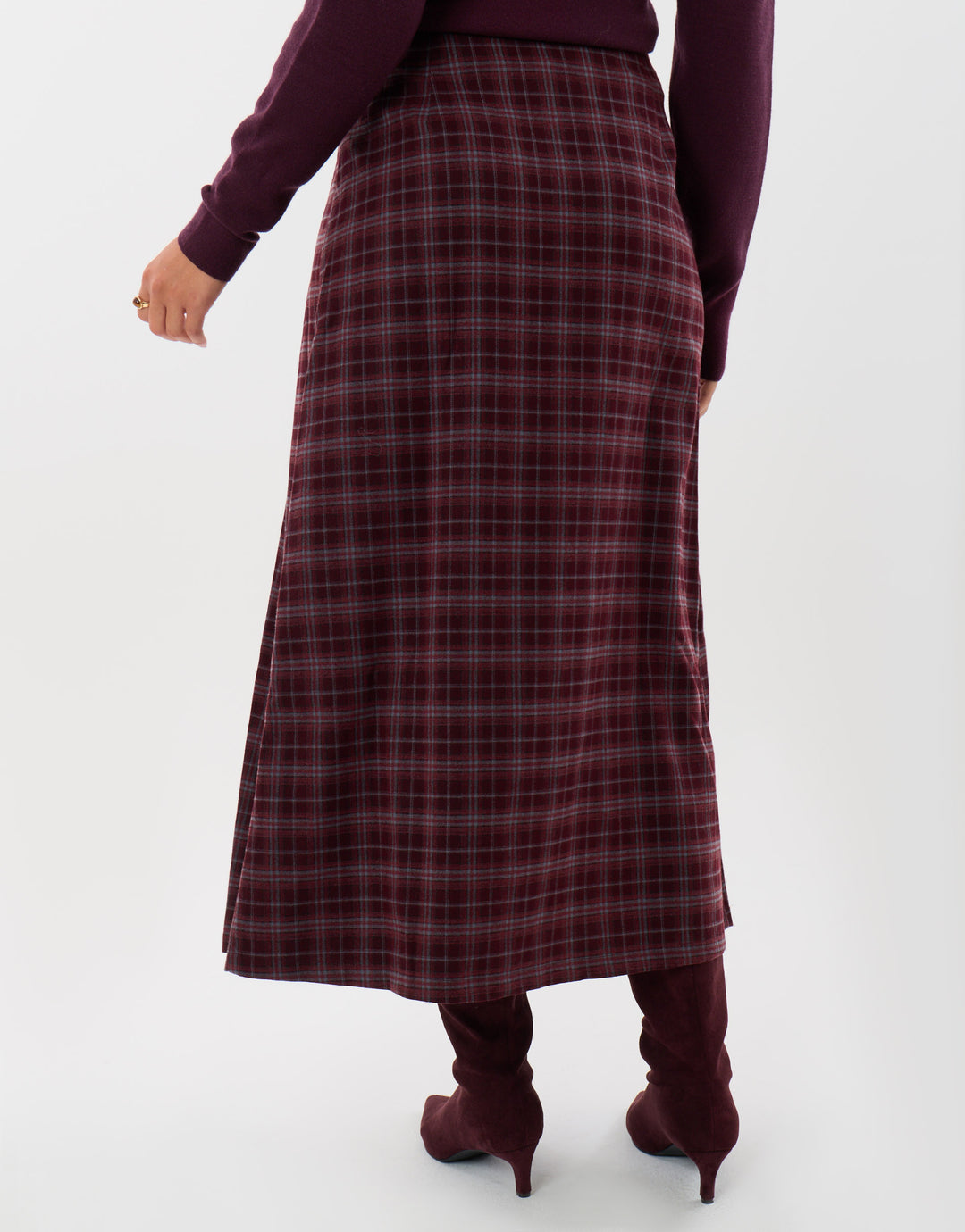 Threadbare Midaxi Buckle Wrap Skirt in Plum Check - back view