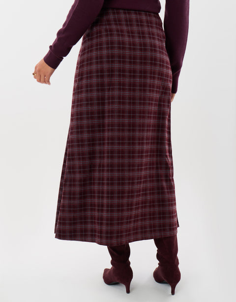 Threadbare Midaxi Buckle Wrap Skirt in Plum Check - back view