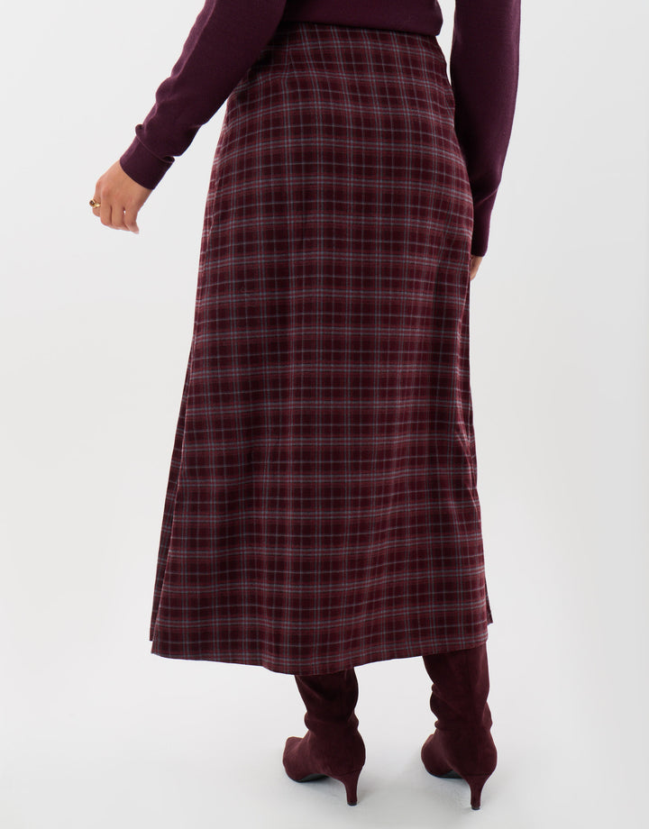 Threadbare Midaxi Buckle Wrap Skirt in Plum Check - back view
