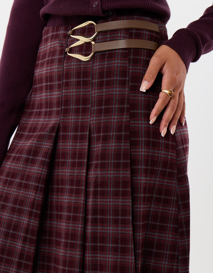 Threadbare Midaxi Buckle Wrap Skirt in Plum Check - close up