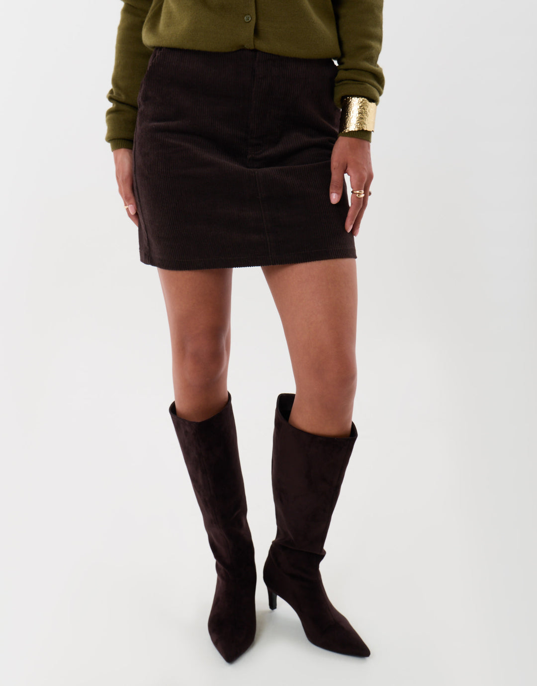 Threadbare Corduroy Mini Skirt in Chocolate Brown - front view