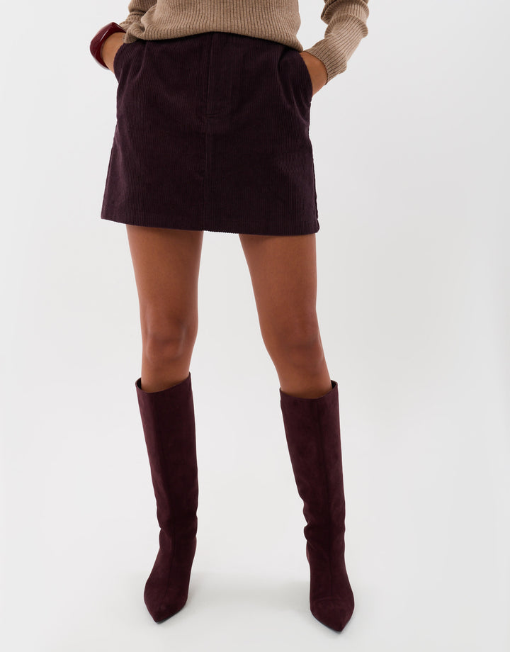 Threadbare Corduroy Mini Skirt in Plum - front view