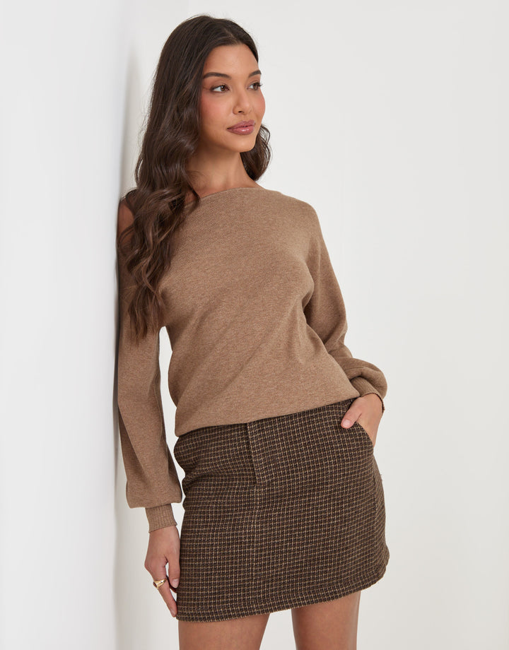 Threadbare Tweed Mini Skirt in Brown Check - front view pose