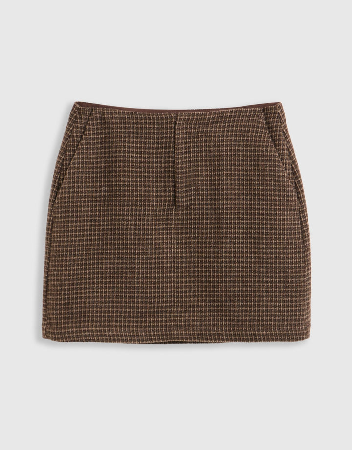 Threadbare Tweed Mini Skirt in Brown Check - mannequin image