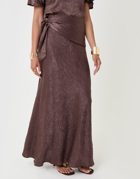 Threadbare Crinkle Satin Wrap Maxi Skirt in Chocolate Brown - front view
