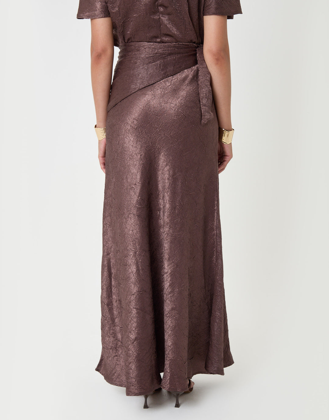 Threadbare Crinkle Satin Wrap Maxi Skirt in Chocolate Brown - back view