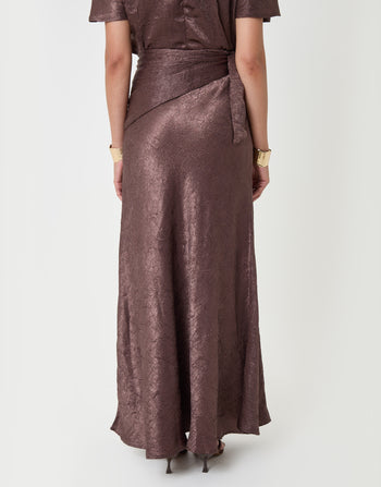 Threadbare Crinkle Satin Wrap Maxi Skirt in Chocolate Brown - back view