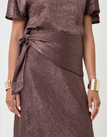 Threadbare Crinkle Satin Wrap Maxi Skirt in Chocolate Brown - close up