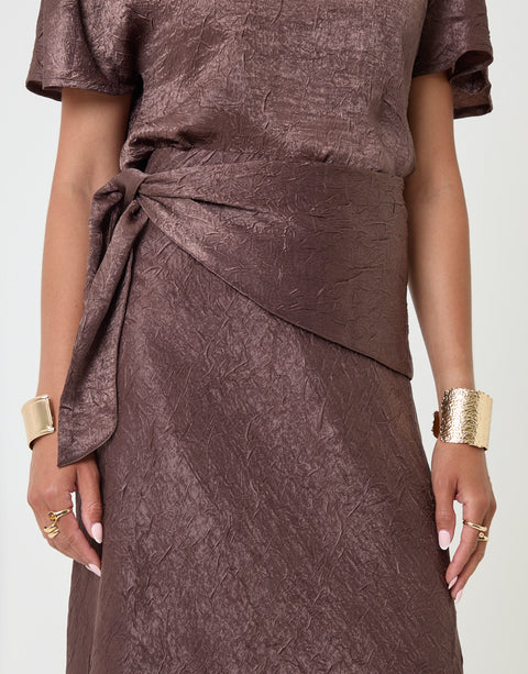 Threadbare Crinkle Satin Wrap Maxi Skirt in Chocolate Brown - close up