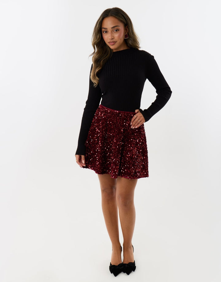 Sequin Mini Swing Skirt in Burgundy