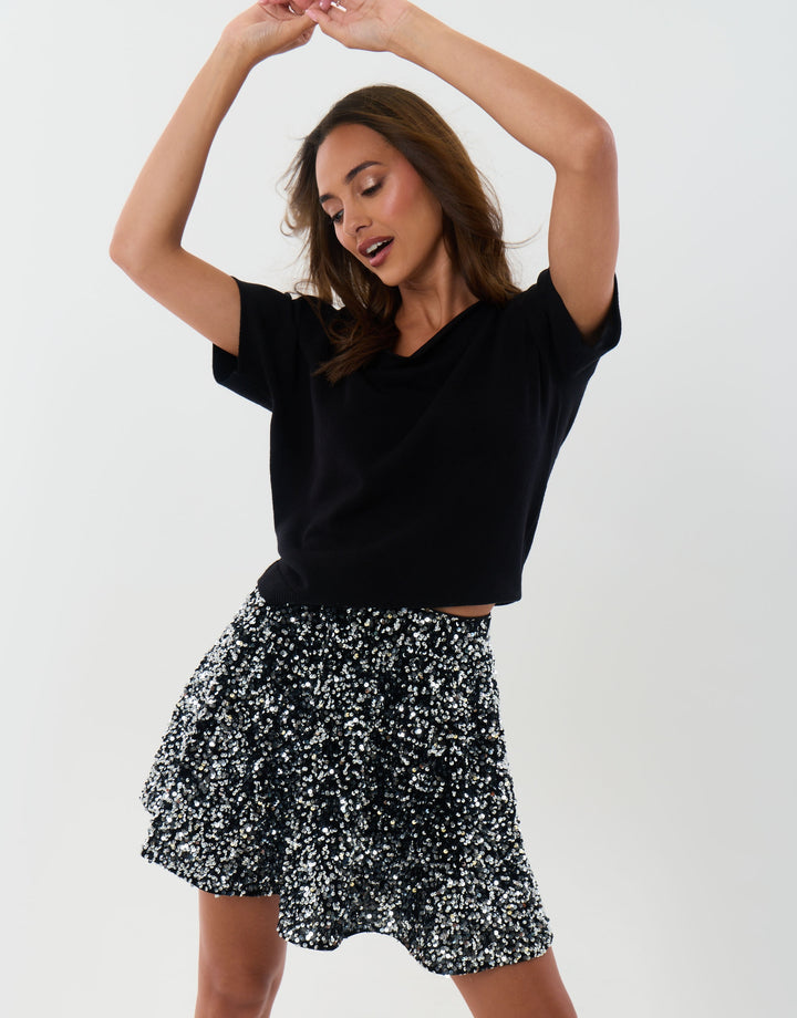 Sequin Mini Swing Skirt in Charcoal Grey