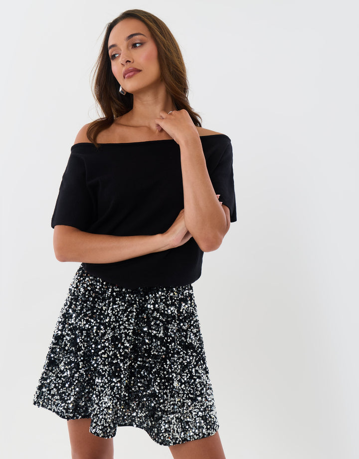 Sequin Mini Swing Skirt in Charcoal Grey
