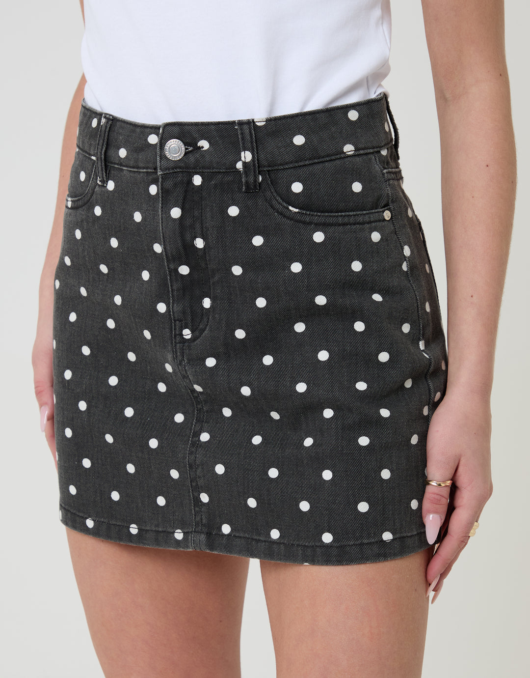 Threadbare Polka Dot Co-ord A-Line Denim Mini Skirt in Mono - front view close up