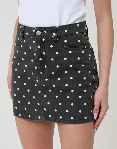 Threadbare Polka Dot Co-ord A-Line Denim Mini Skirt in Mono - front view close up
