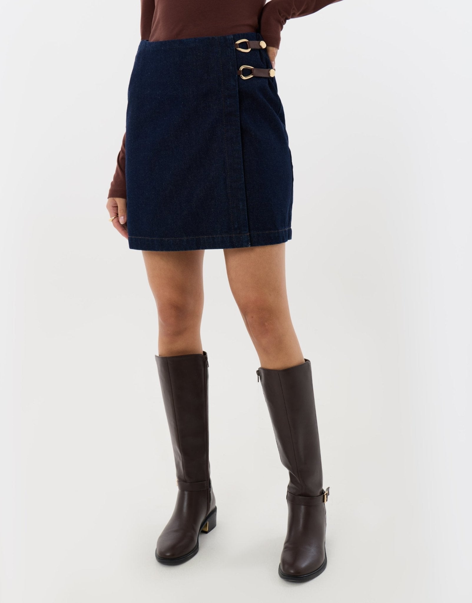 Pleated Denim Wrap Mini Skirt in Indigo
