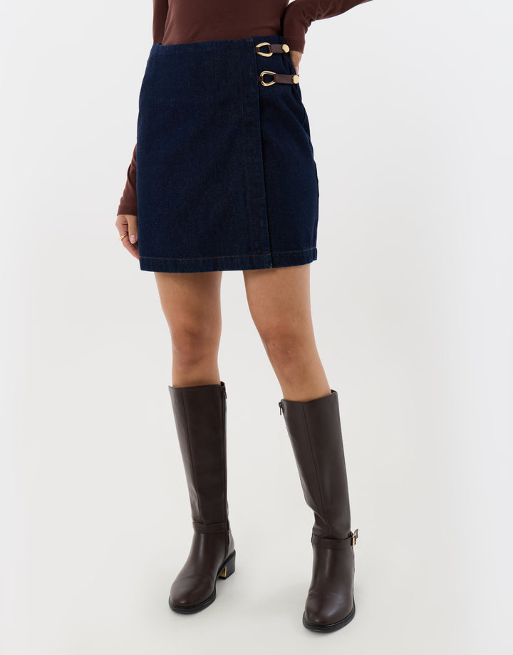 Pleated Denim Wrap Mini Skirt in Indigo