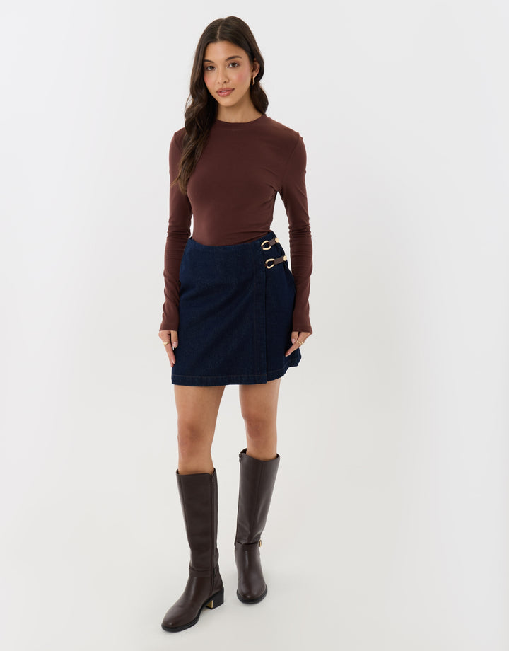 Pleated Denim Wrap Mini Skirt in Indigo