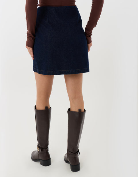 Threadbare Pleated Denim Wrap Mini Skirt in Indigo - back view