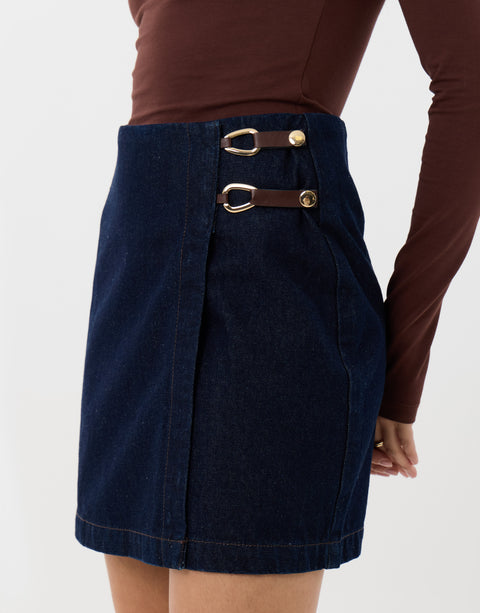 Threadbare Pleated Denim Wrap Mini Skirt in Indigo - full body