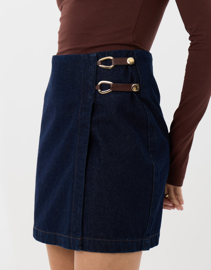 Threadbare Pleated Denim Wrap Mini Skirt in Indigo - full body