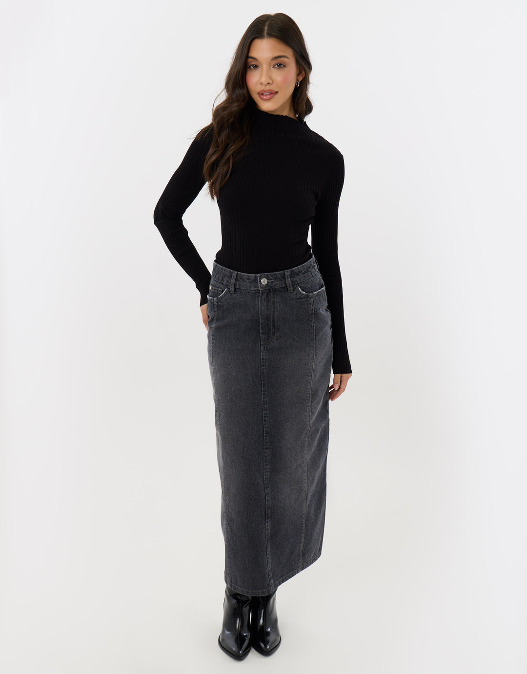 Back Split Denim Midaxi Skirt in Grey