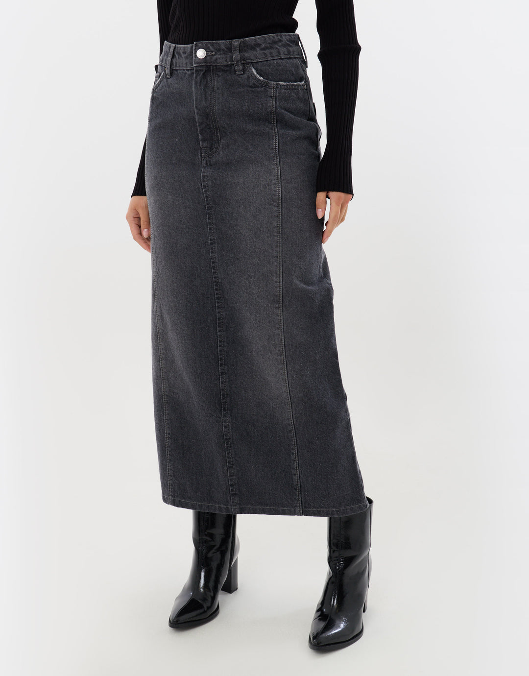 Back Split Denim Midaxi Skirt in Grey