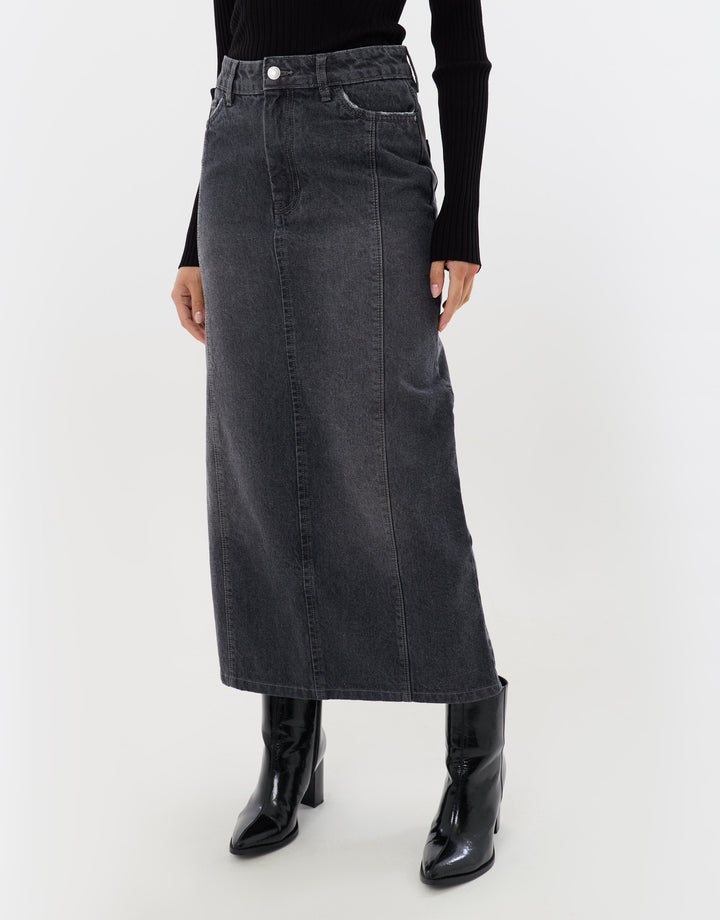 Back Split Denim Midaxi Skirt in Grey