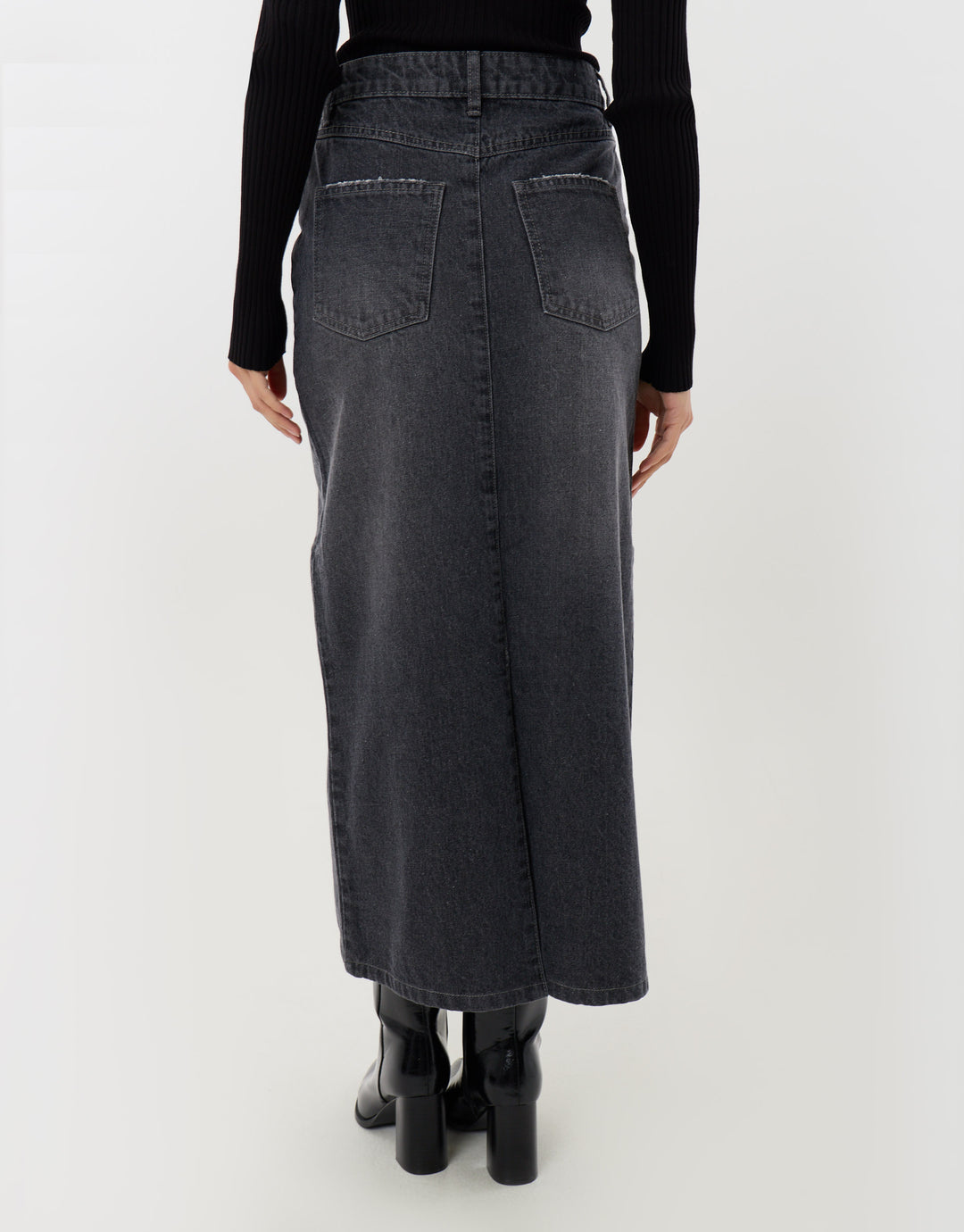Back Split Denim Midaxi Skirt in Grey