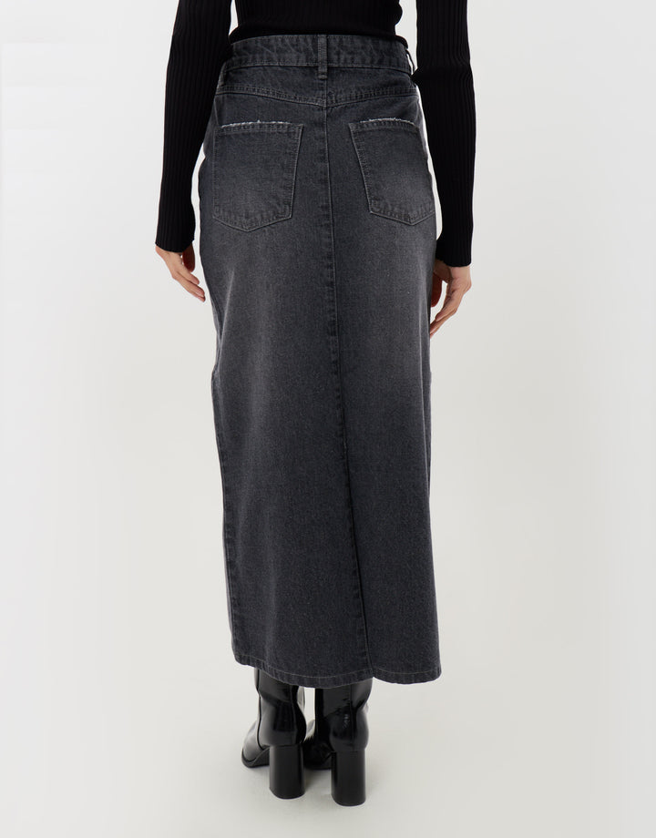 Back Split Denim Midaxi Skirt in Grey