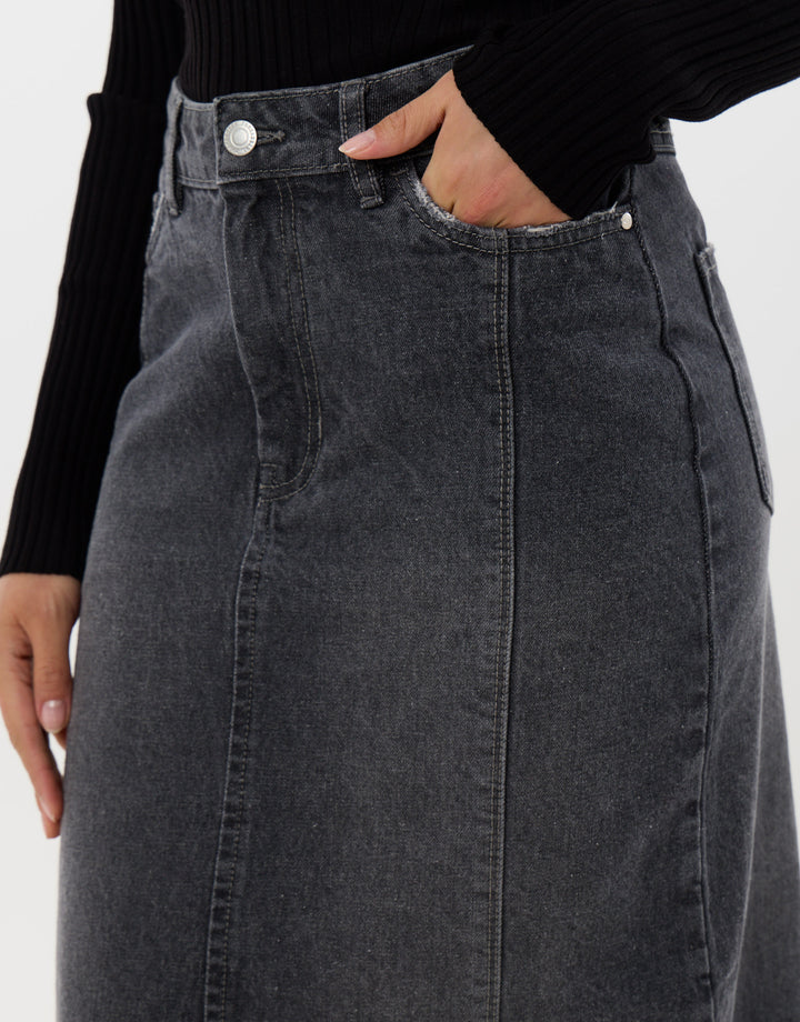 Back Split Denim Midaxi Skirt in Grey
