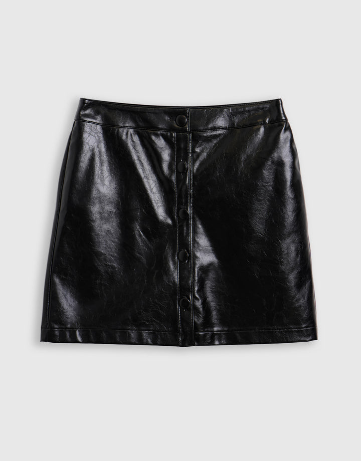 Faux Leather Button Front Mini Skirt in Black
