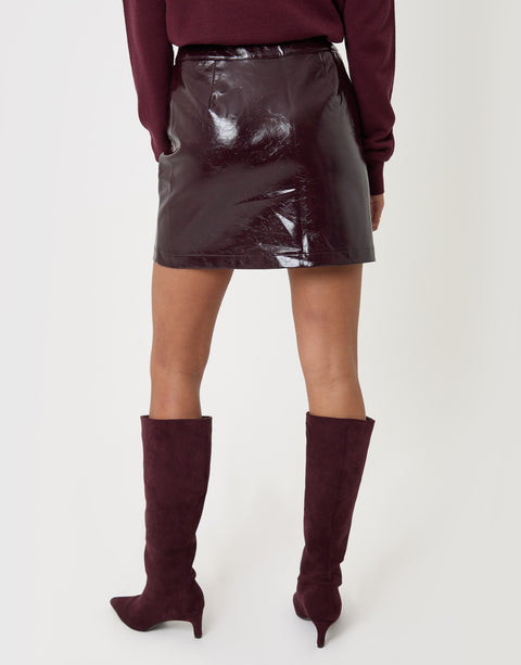 Threadbare Faux Leather Button Front Mini Skirt in Plum - back view