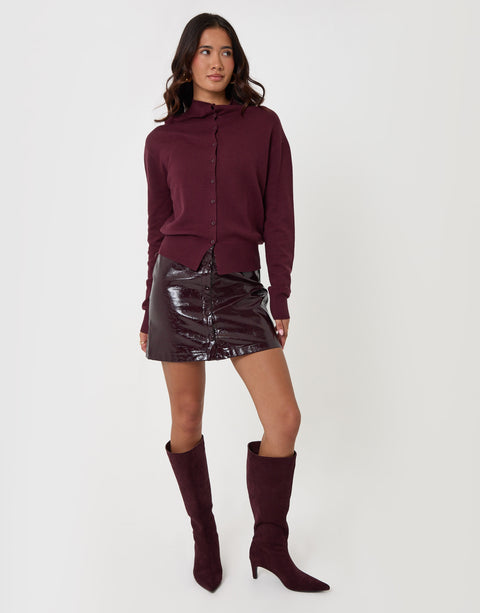 Threadbare Faux Leather Button Front Mini Skirt in Plum - full body