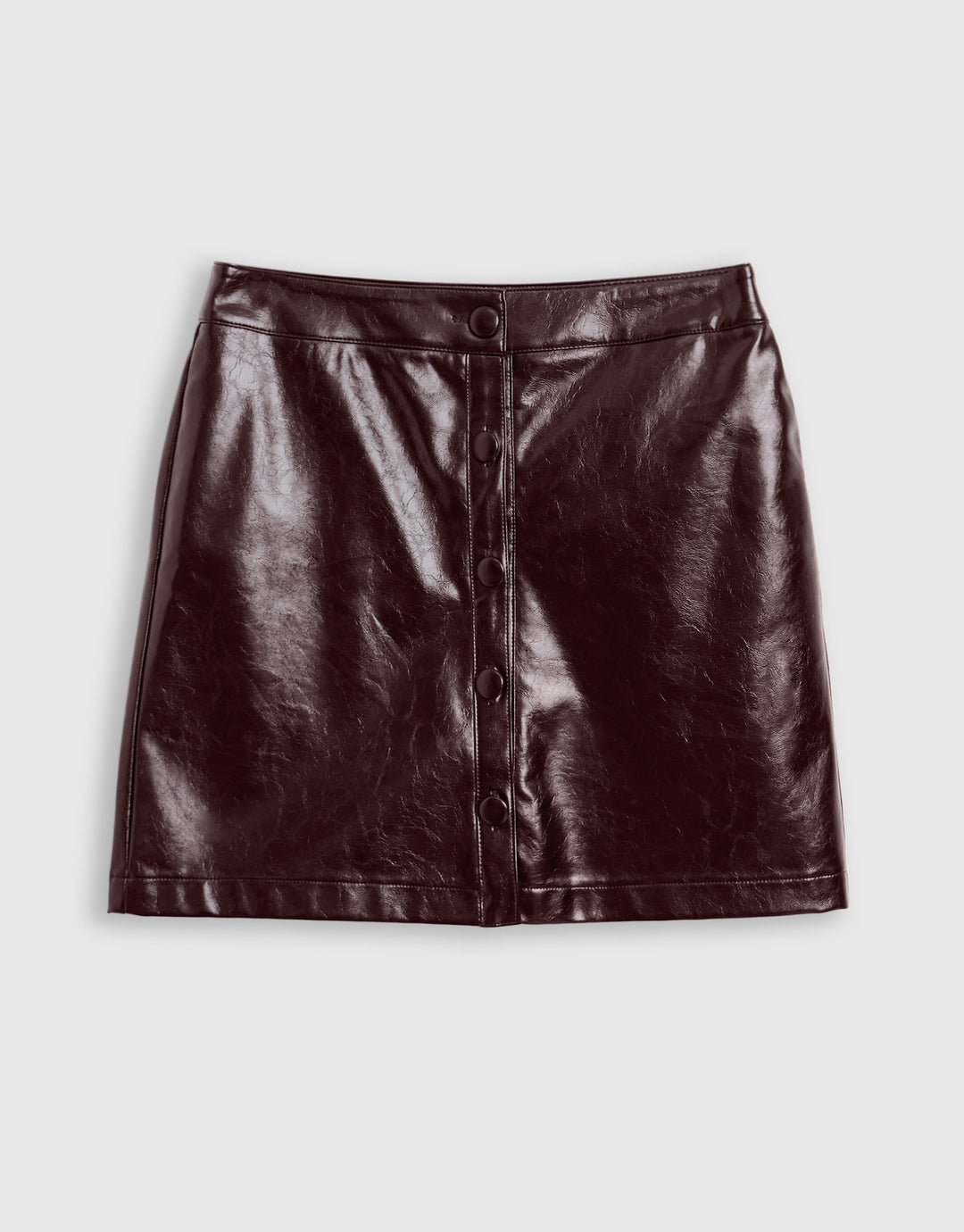 Faux Leather Button Front Mini Skirt in Plum