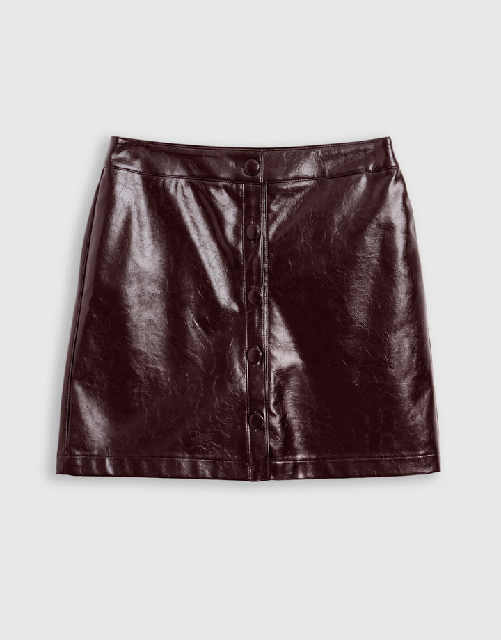 Faux Leather Button Front Mini Skirt in Plum