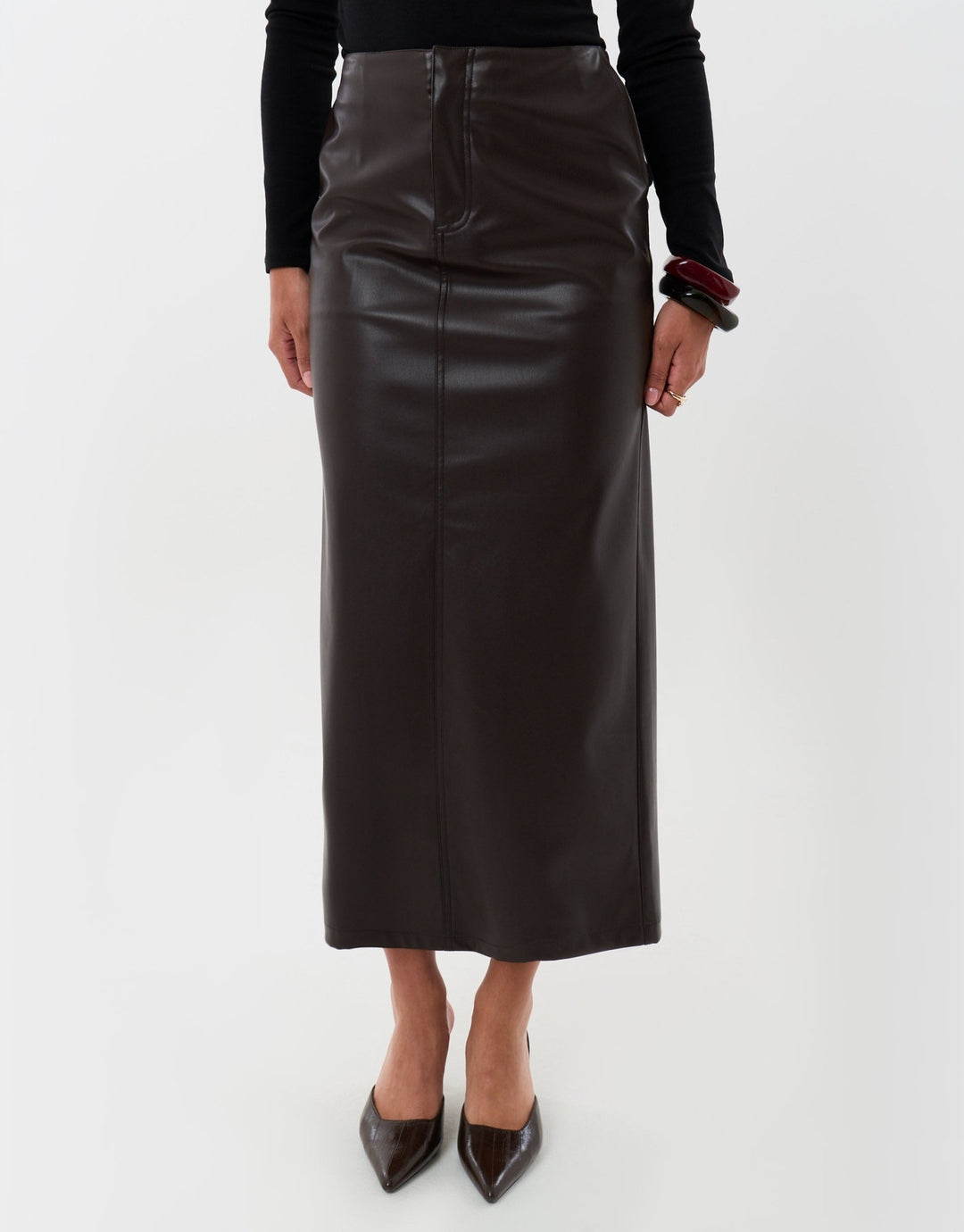 Faux Leather Maxi Skirt in Chocolate Brown
