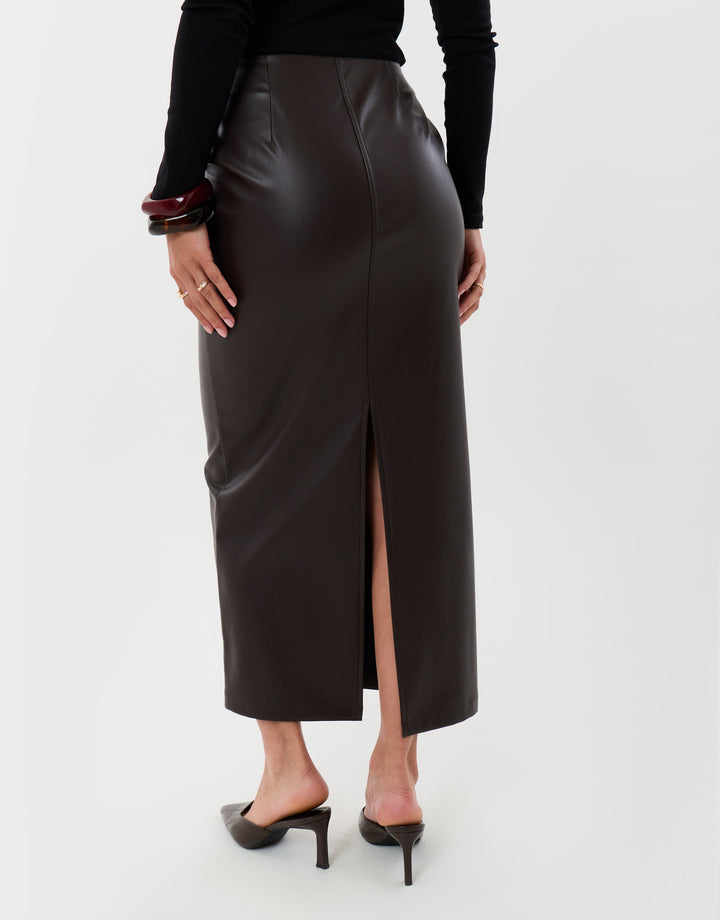 Faux Leather Maxi Skirt in Chocolate Brown