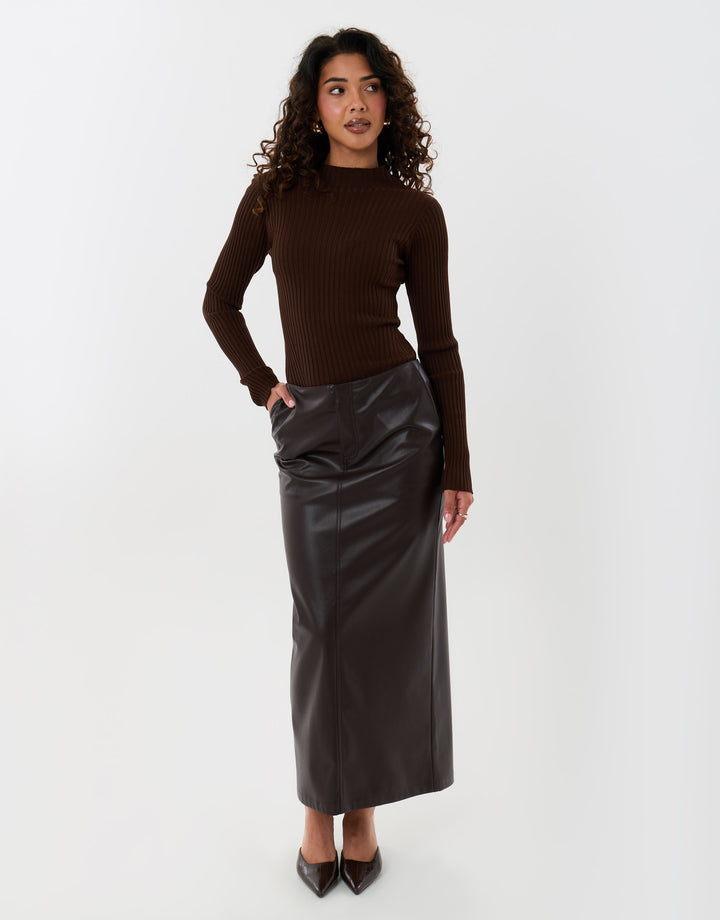 Faux Leather Maxi Skirt in Chocolate Brown