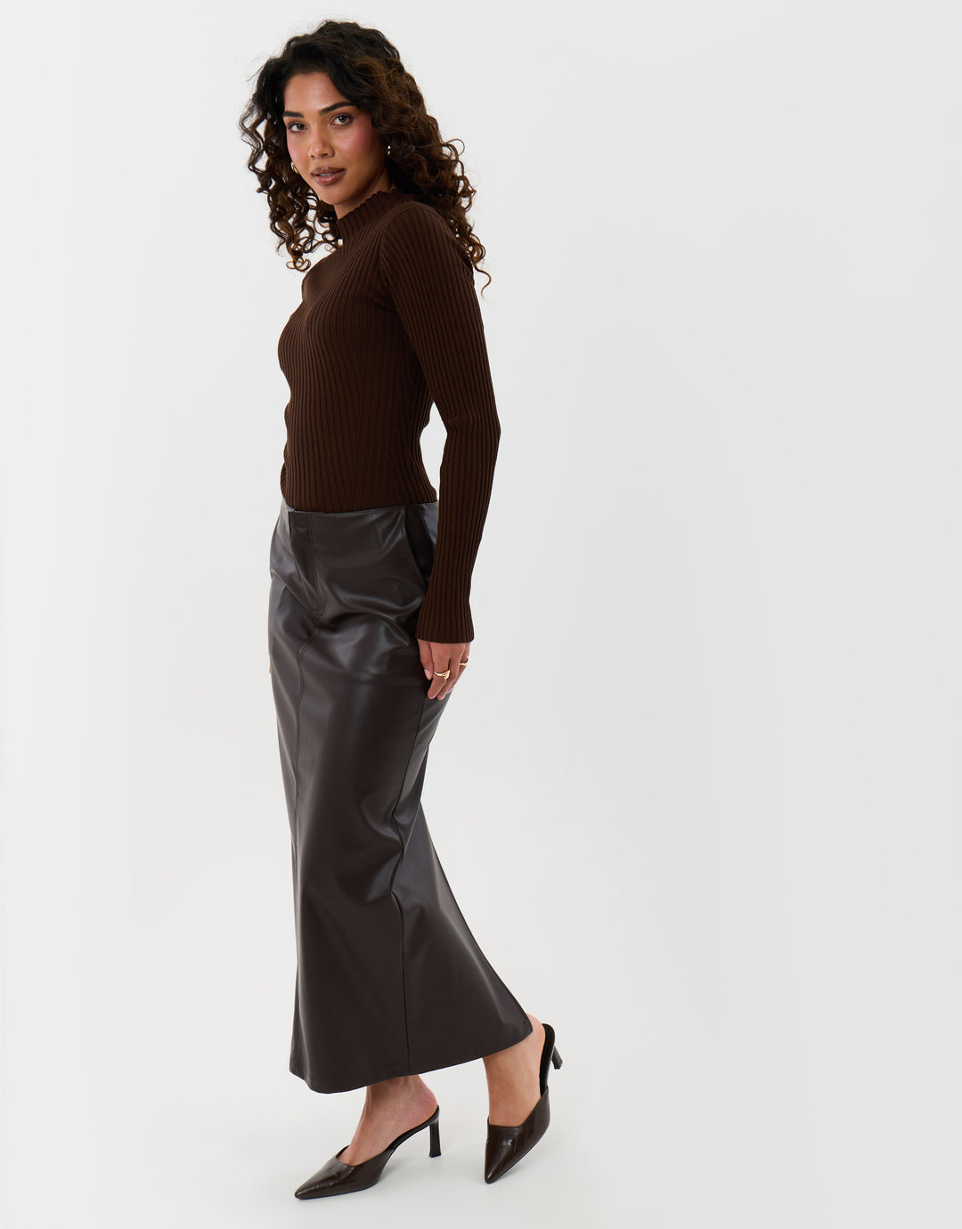 Faux Leather Maxi Skirt in Chocolate Brown