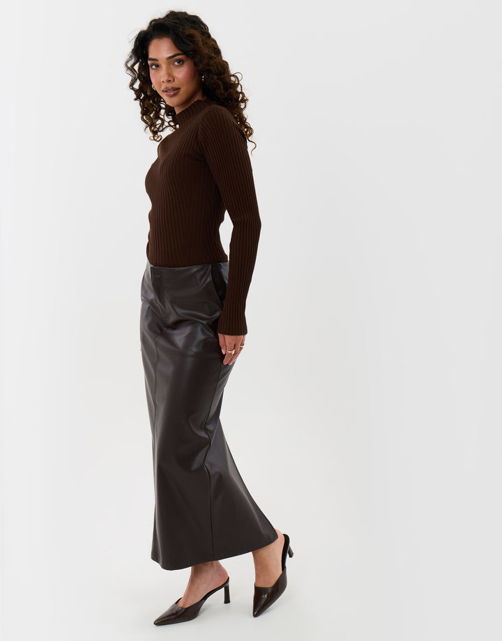 Faux Leather Maxi Skirt in Chocolate Brown