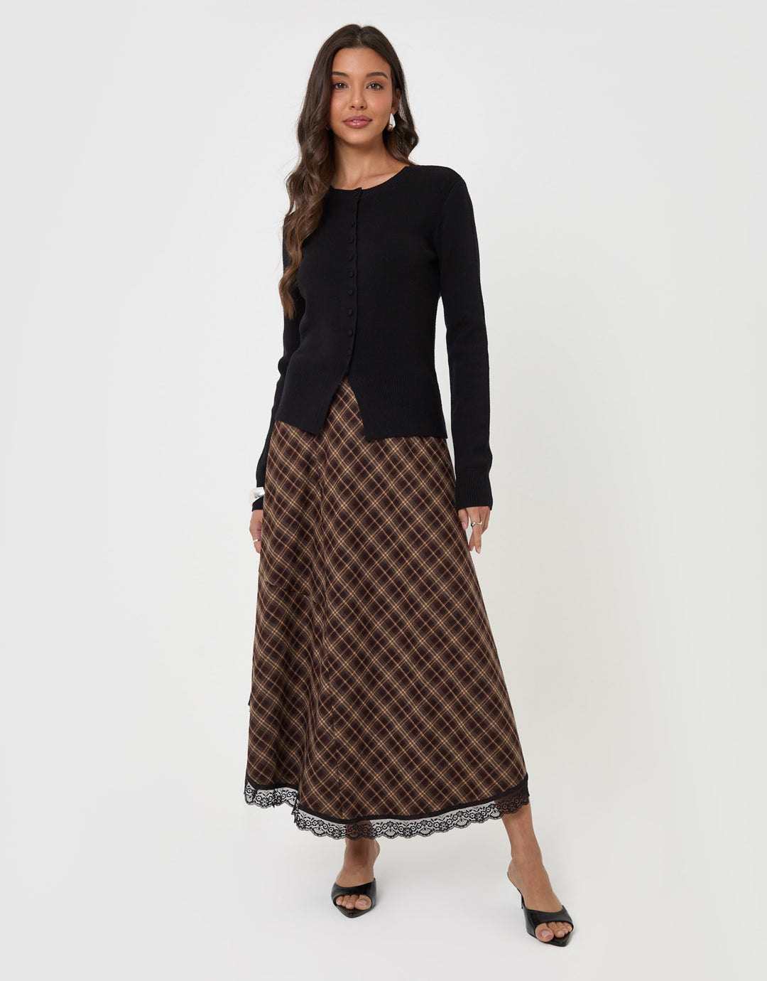 Threadbare Asymmetric Lace Trim Midaxi Skirt in Chocolate Brown Check -  full body