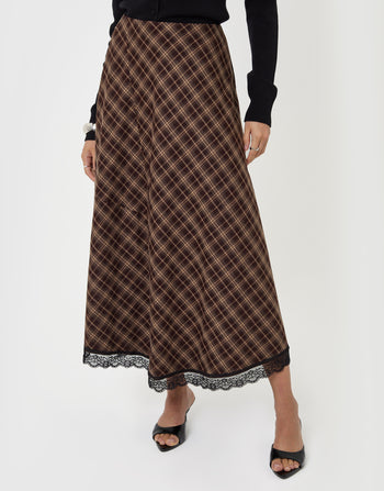 Threadbare Asymmetric Lace Trim Midaxi Skirt in Chocolate Brown Check -  front view