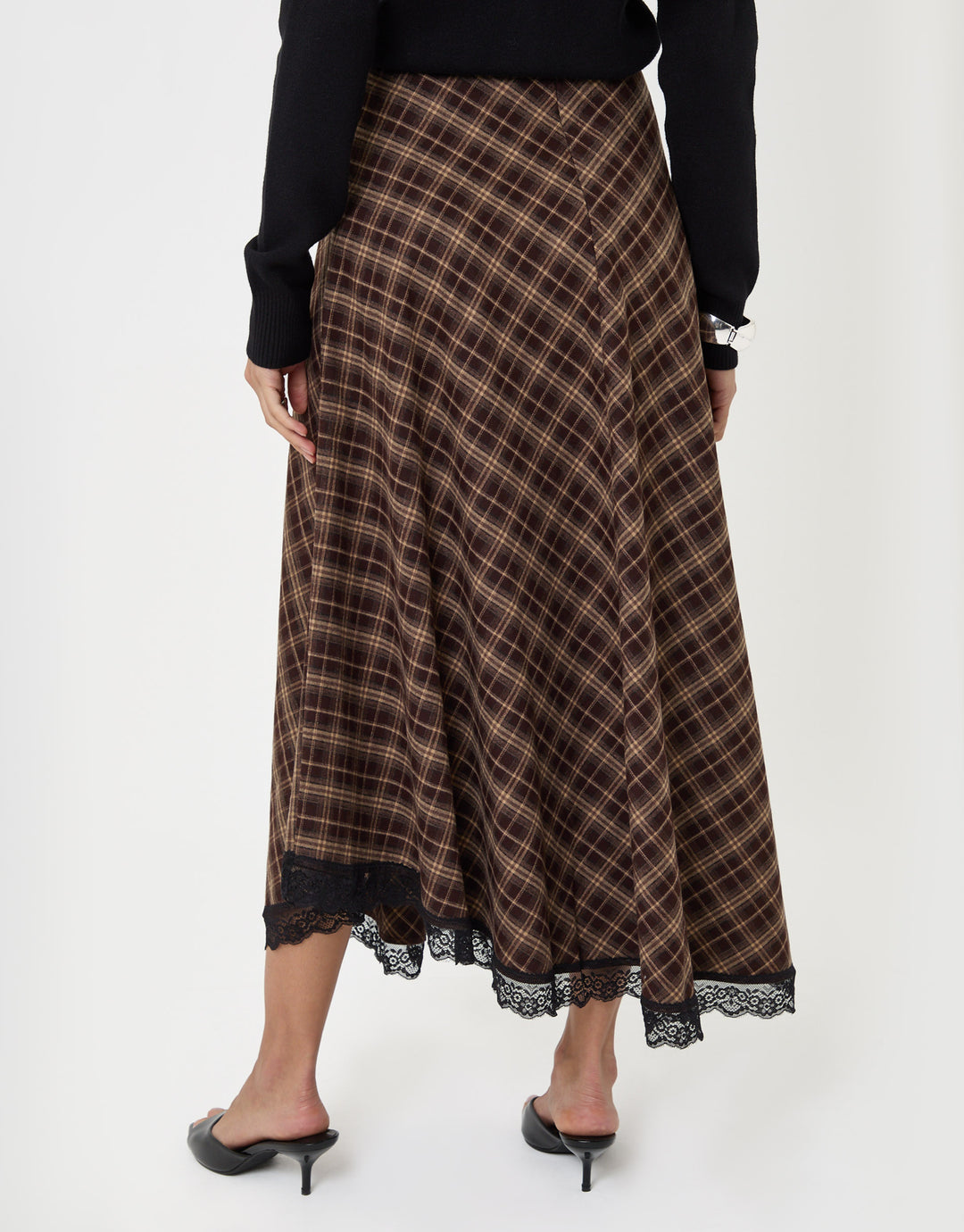 Threadbare Asymmetric Lace Trim Midaxi Skirt in Chocolate Brown Check -  back view