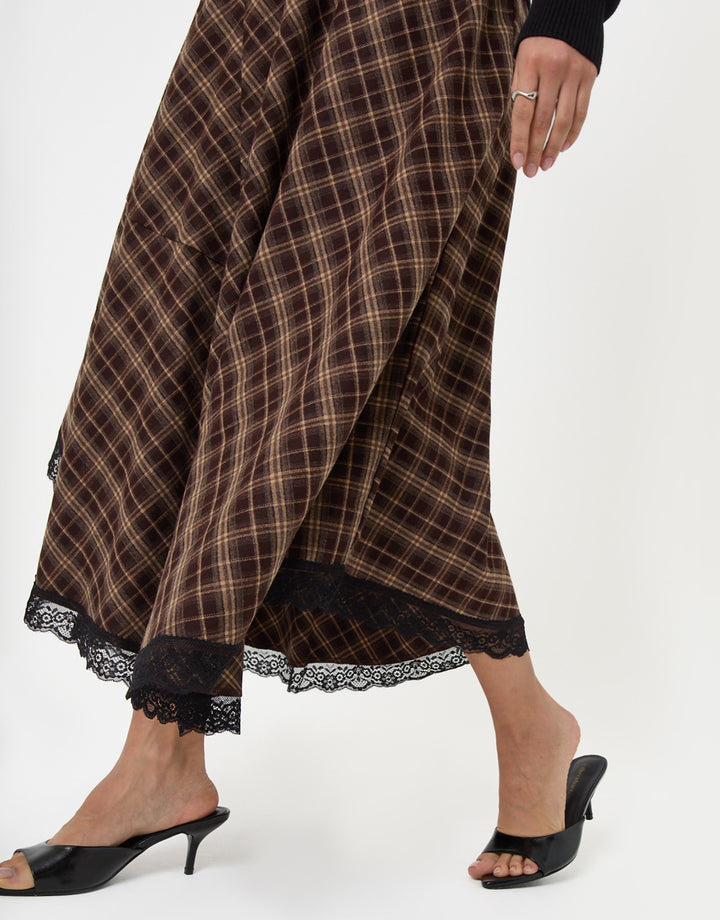 Threadbare Asymmetric Lace Trim Midaxi Skirt in Chocolate Brown Check -  close up