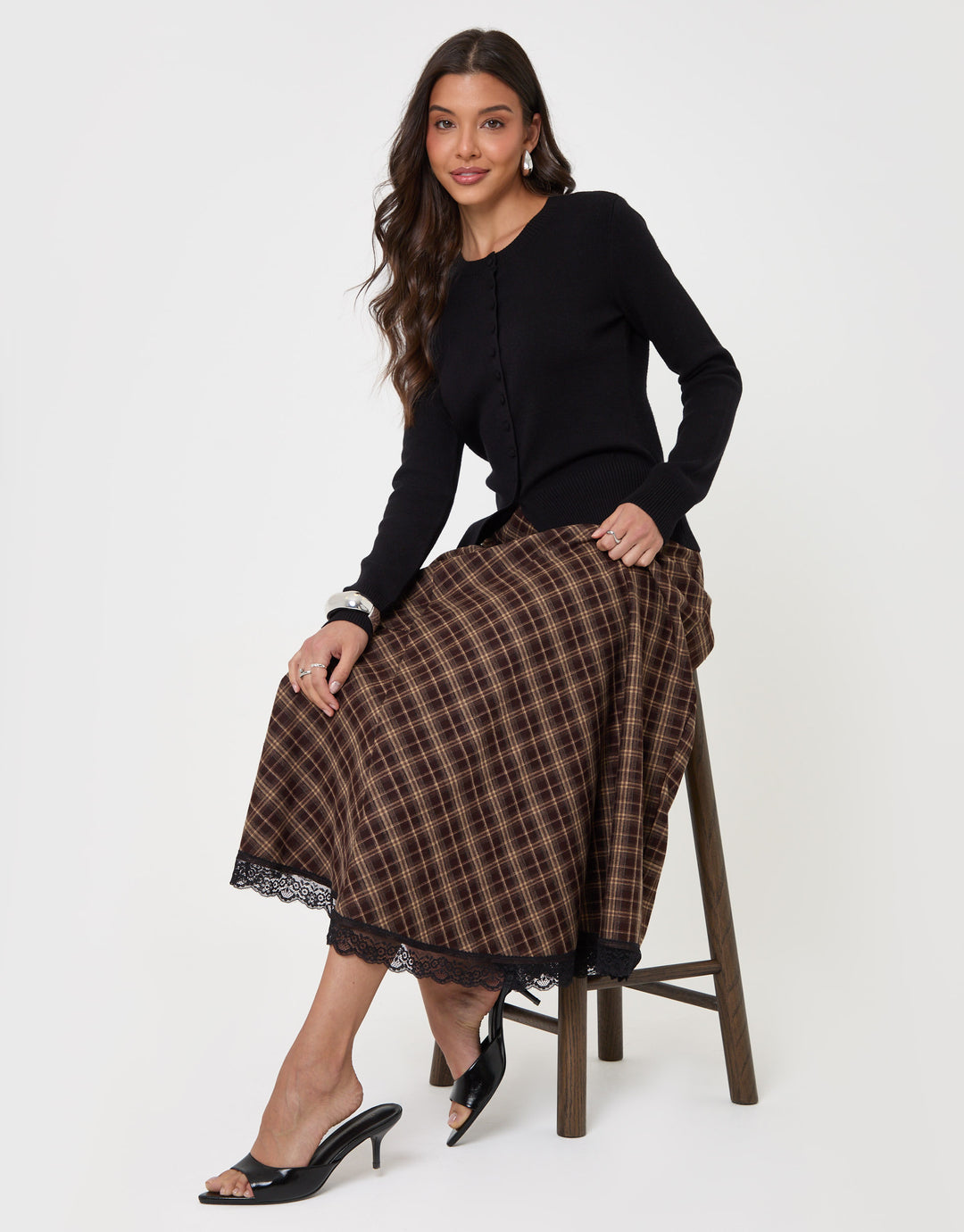 Threadbare Asymmetric Lace Trim Midaxi Skirt in Chocolate Brown Check - sat down