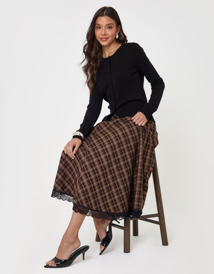 Threadbare Asymmetric Lace Trim Midaxi Skirt in Chocolate Brown Check - sat down