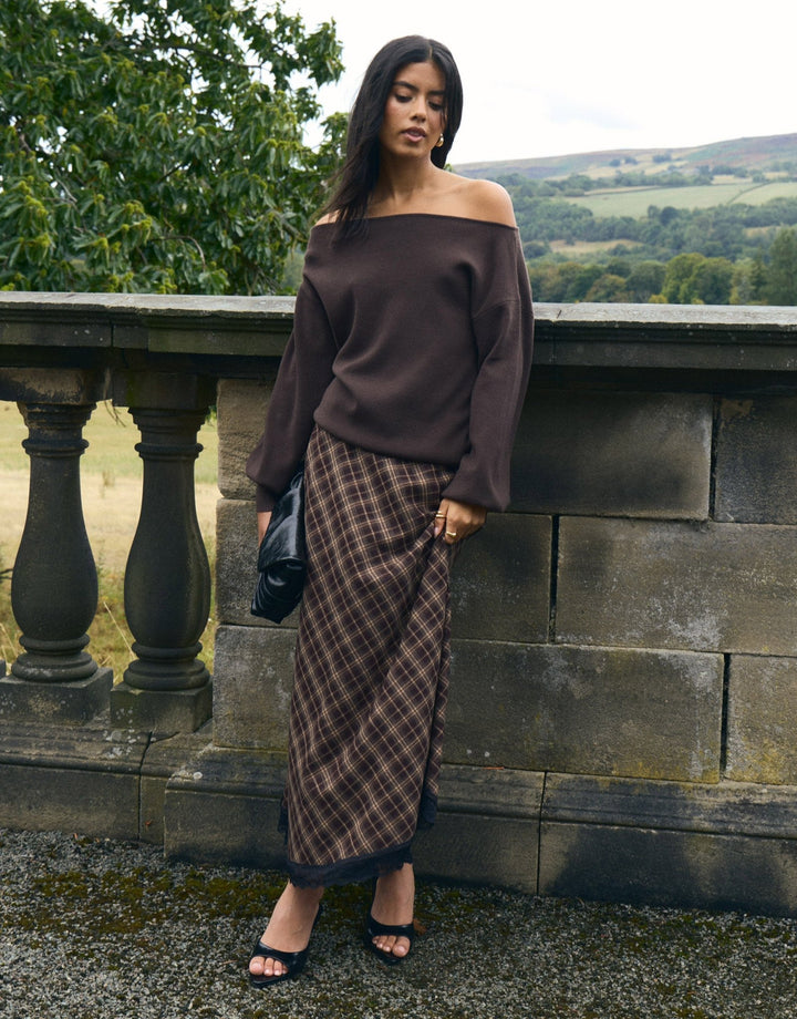 Asymmetric Lace Trim Midaxi Skirt in Chocolate Brown Check